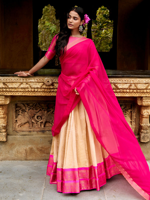 Charming Off-White Zari Woven Silk Festive Wear Half Saree Lehenga