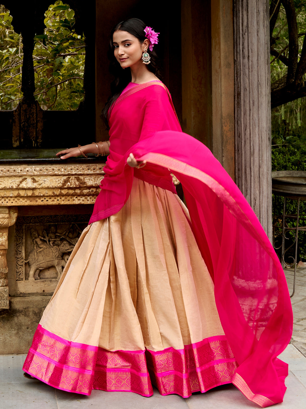 Charming Off-White Zari Woven Silk Festive Wear Half Saree Lehenga