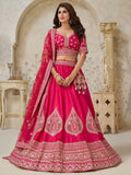 Superb Rani Pink Thread Work Silk Bridesmaid Lehenga Choli With Dupatta