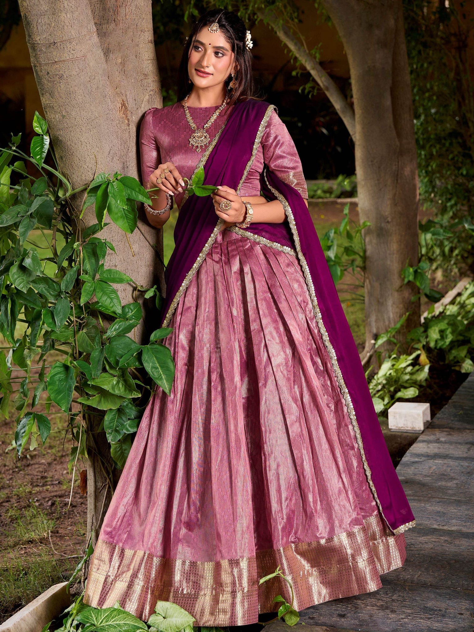 Awesome Pink Zari Weaving Silk Event Wear Half Saree Lehenga