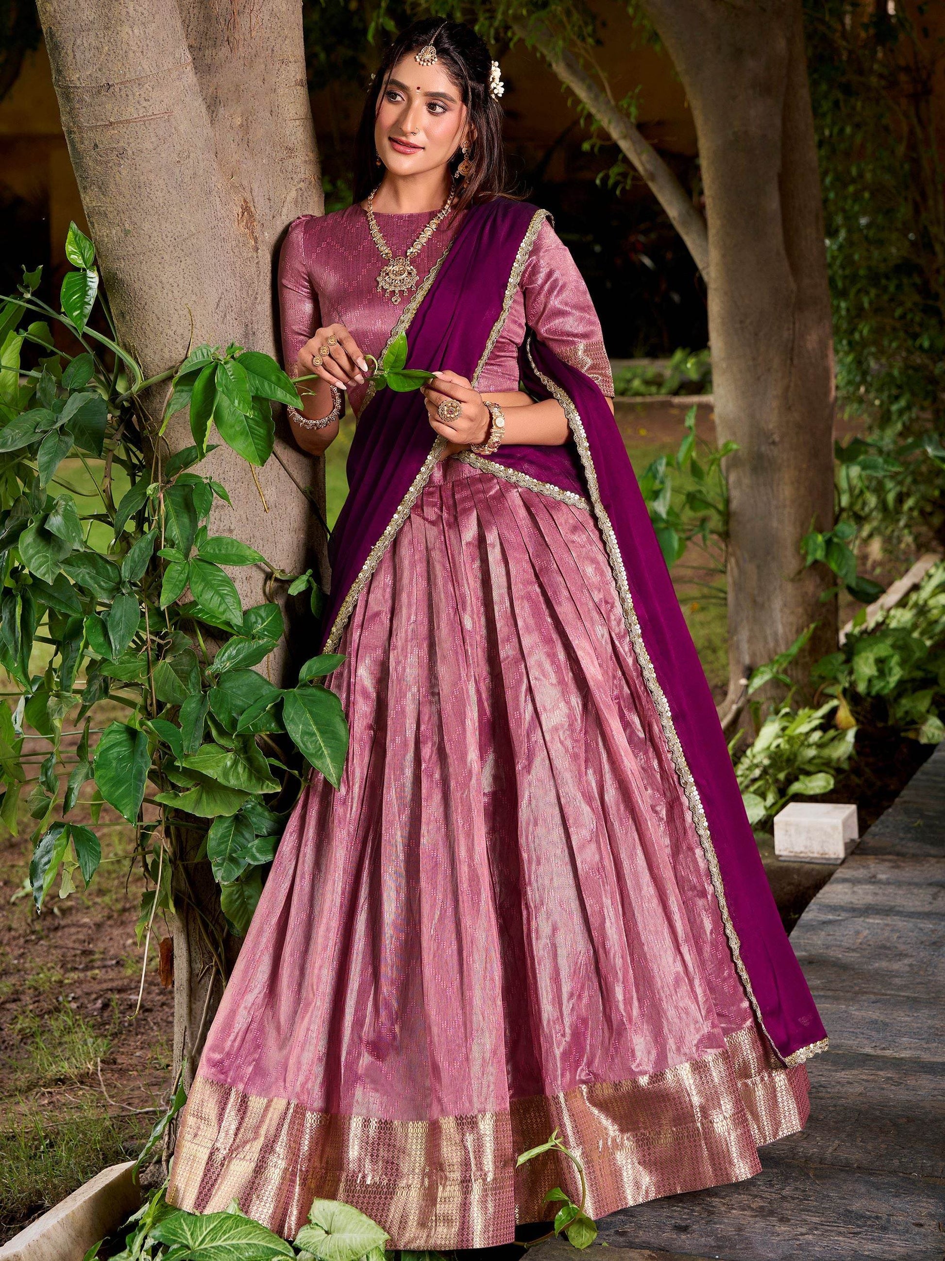 Awesome Pink Zari Weaving Silk Event Wear Half Saree Lehenga