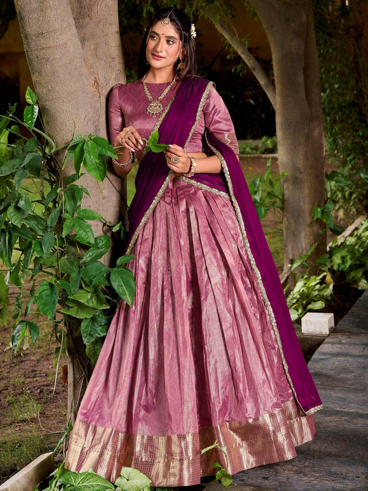 Awesome Pink Zari Weaving Silk Event Wear Half Saree Lehenga