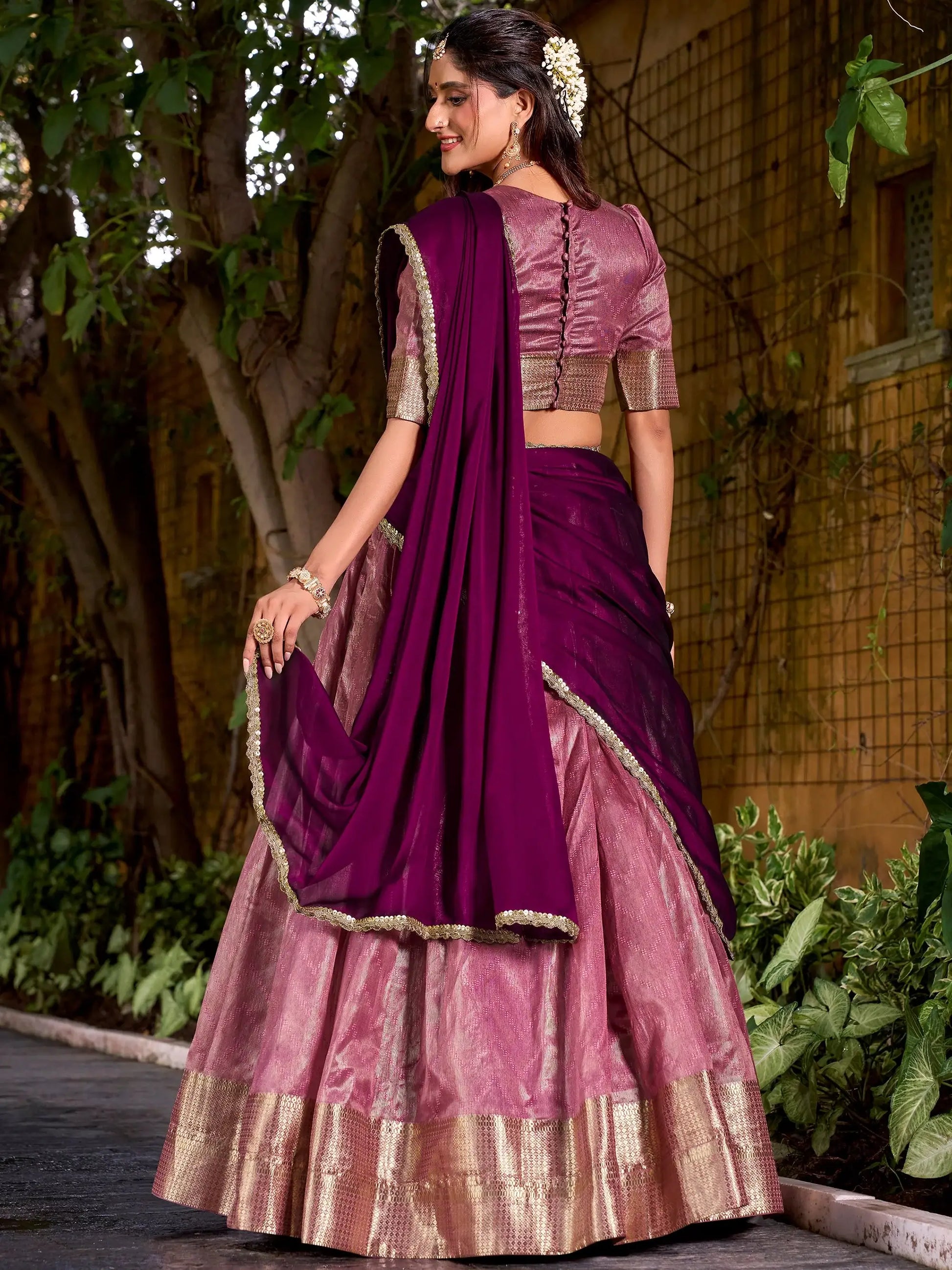 Awesome Pink Zari Weaving Silk Event Wear Half Saree Lehenga