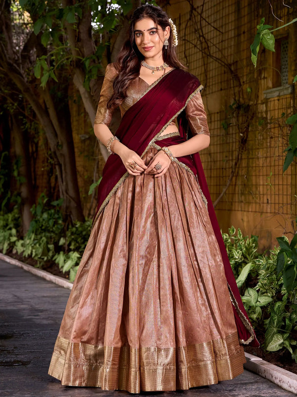 Classic Peach Weaving Work Silk Traditional Half Saree Lehenga