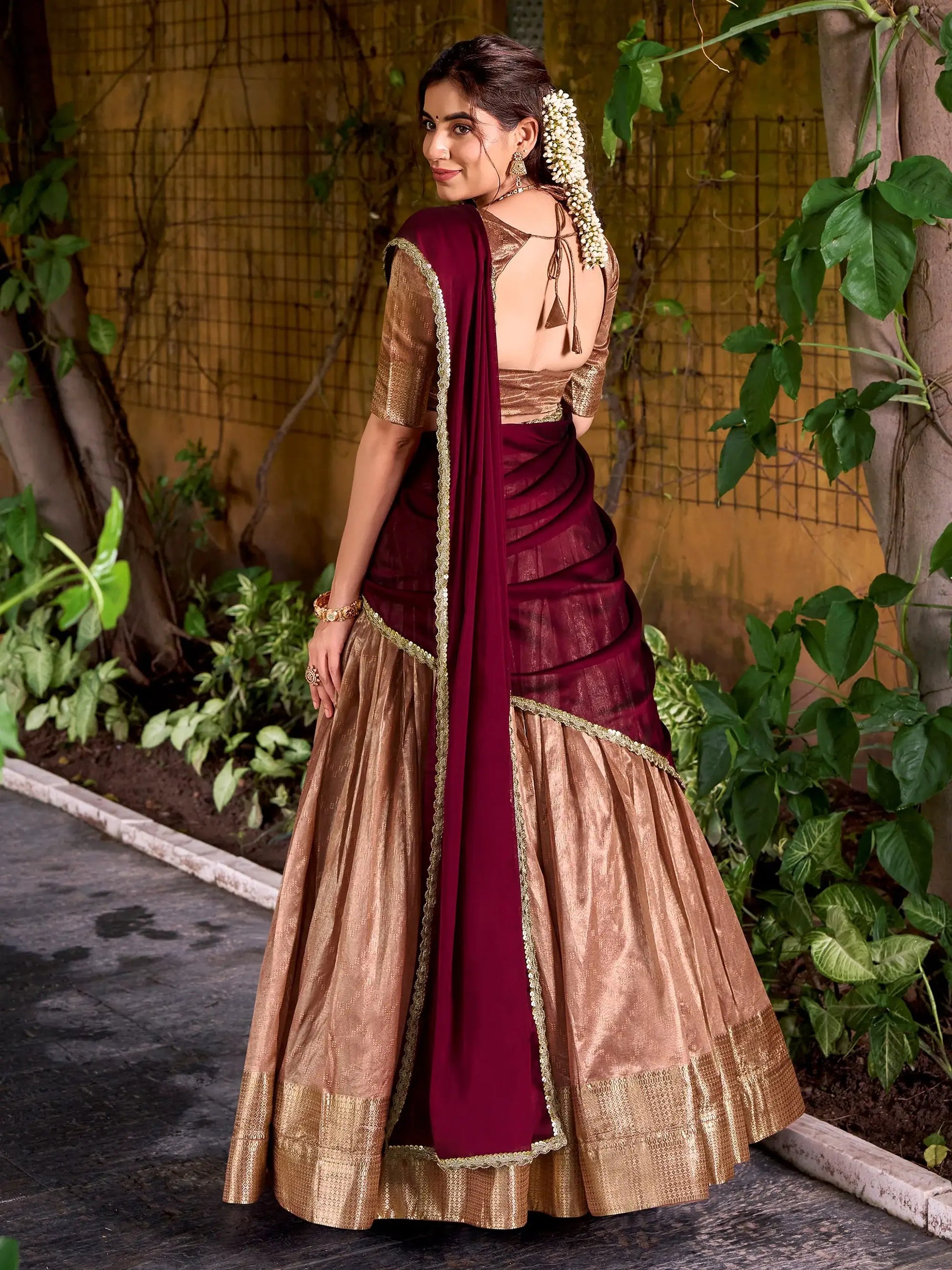 Classic Peach Weaving Work Silk Traditional Half Saree Lehenga