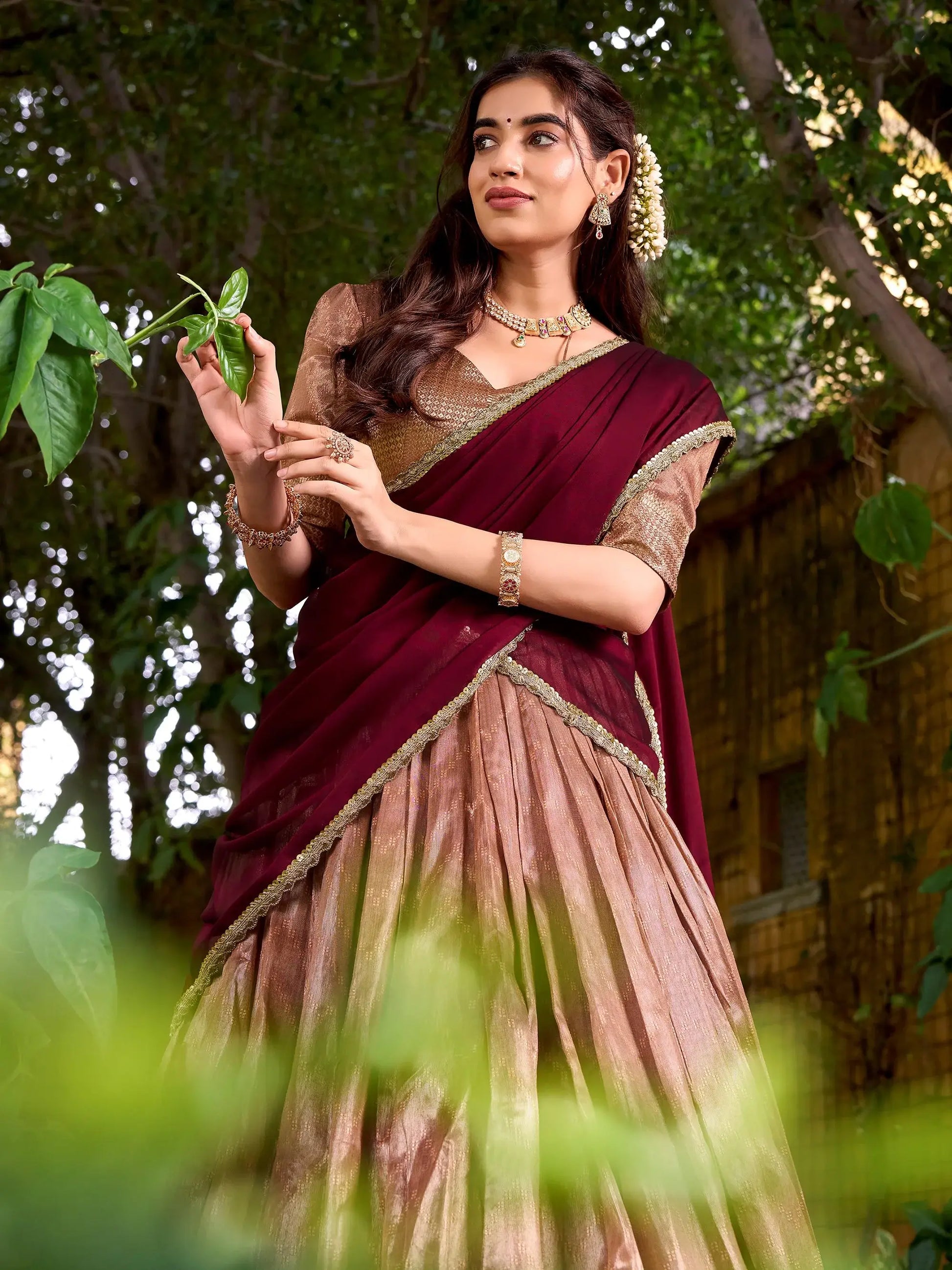 Classic Peach Weaving Work Silk Traditional Half Saree Lehenga