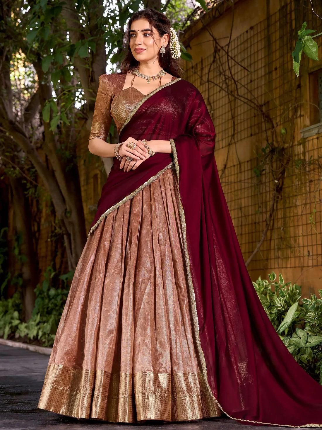 Classic Peach Weaving Work Silk Traditional Half Saree Lehenga