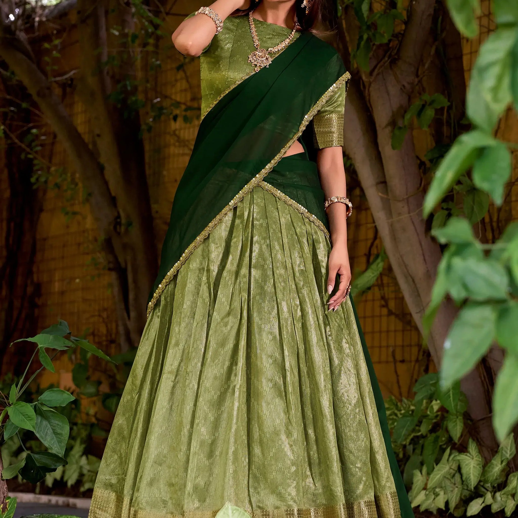 Beautiful Pista Green Zari Weaving Silk Festive Wear Half Saree Lehenga