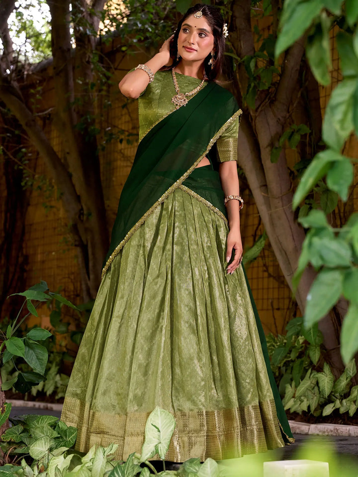 Beautiful Pista Green Zari Weaving Silk Festive Wear Half Saree Lehenga
