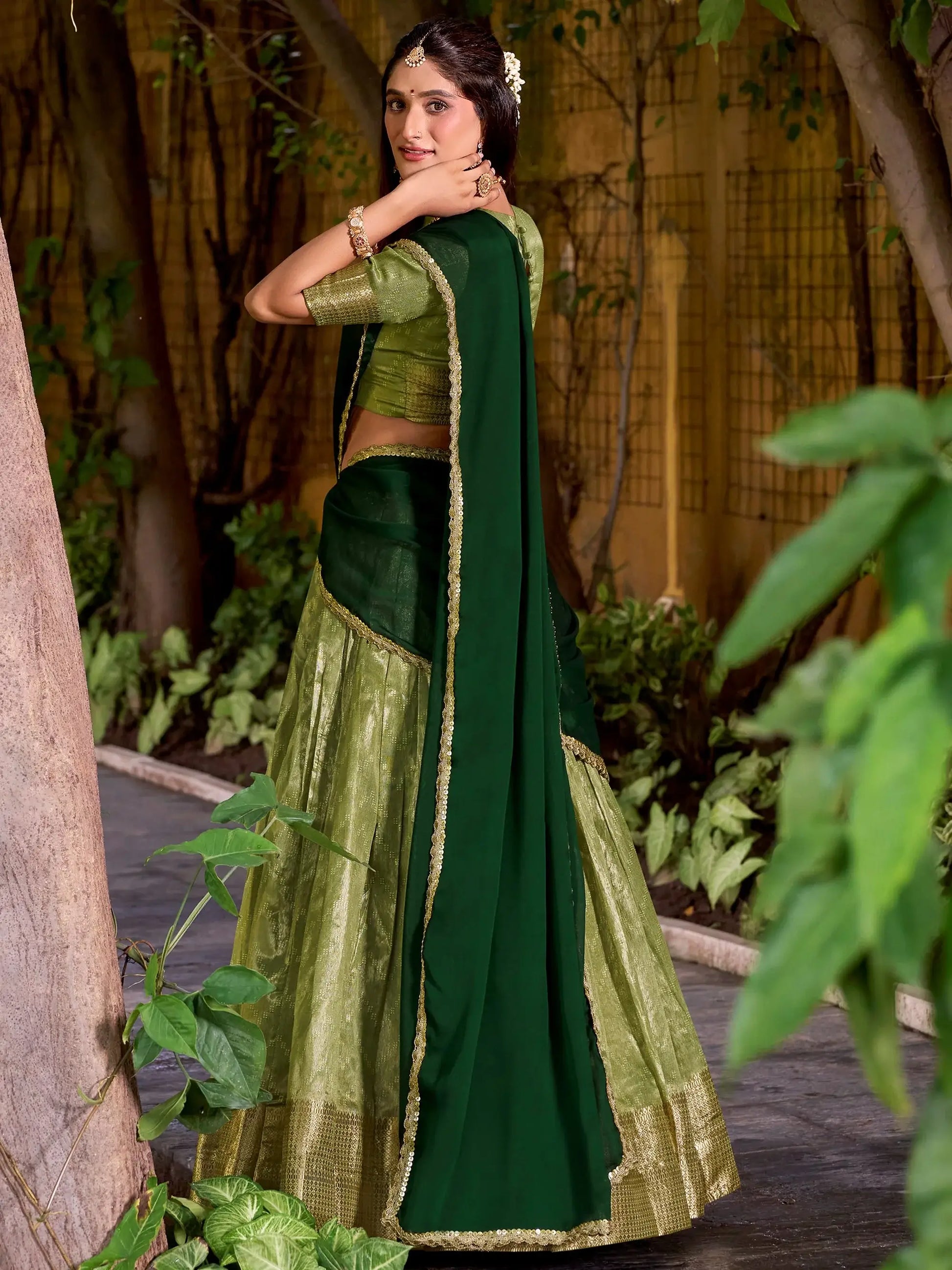 Beautiful Pista Green Zari Weaving Silk Festive Wear Half Saree Lehenga