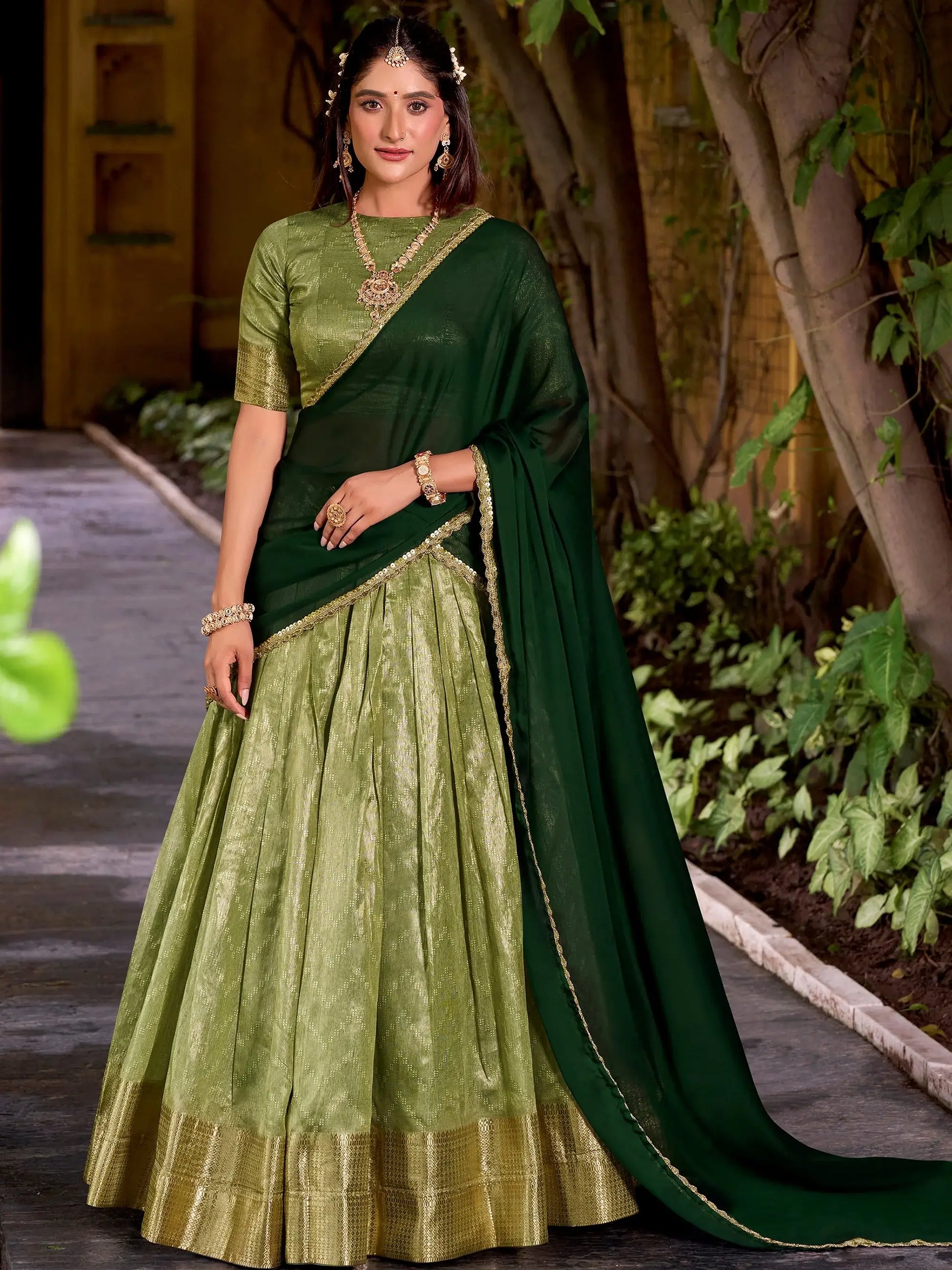 Beautiful Pista Green Zari Weaving Silk Festive Wear Half Saree Lehenga