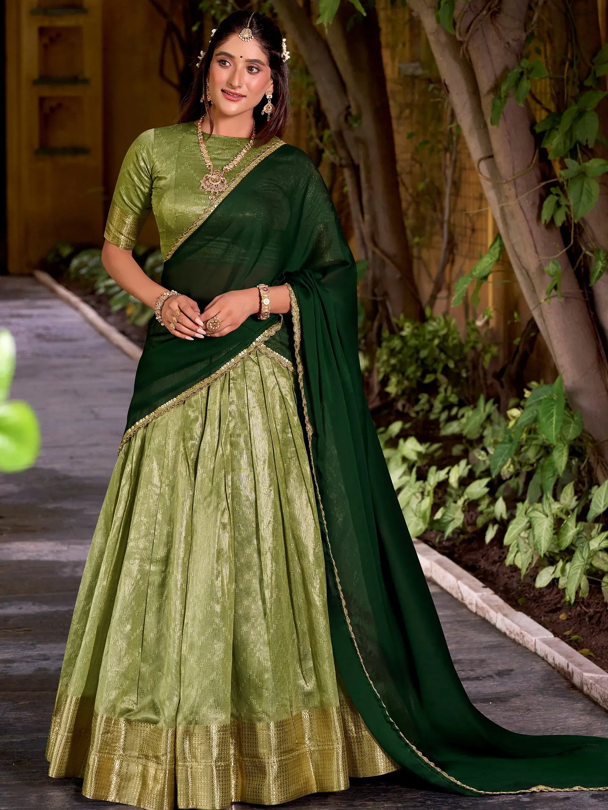 Beautiful Pista Green Zari Weaving Silk Festive Wear Half Saree Lehenga