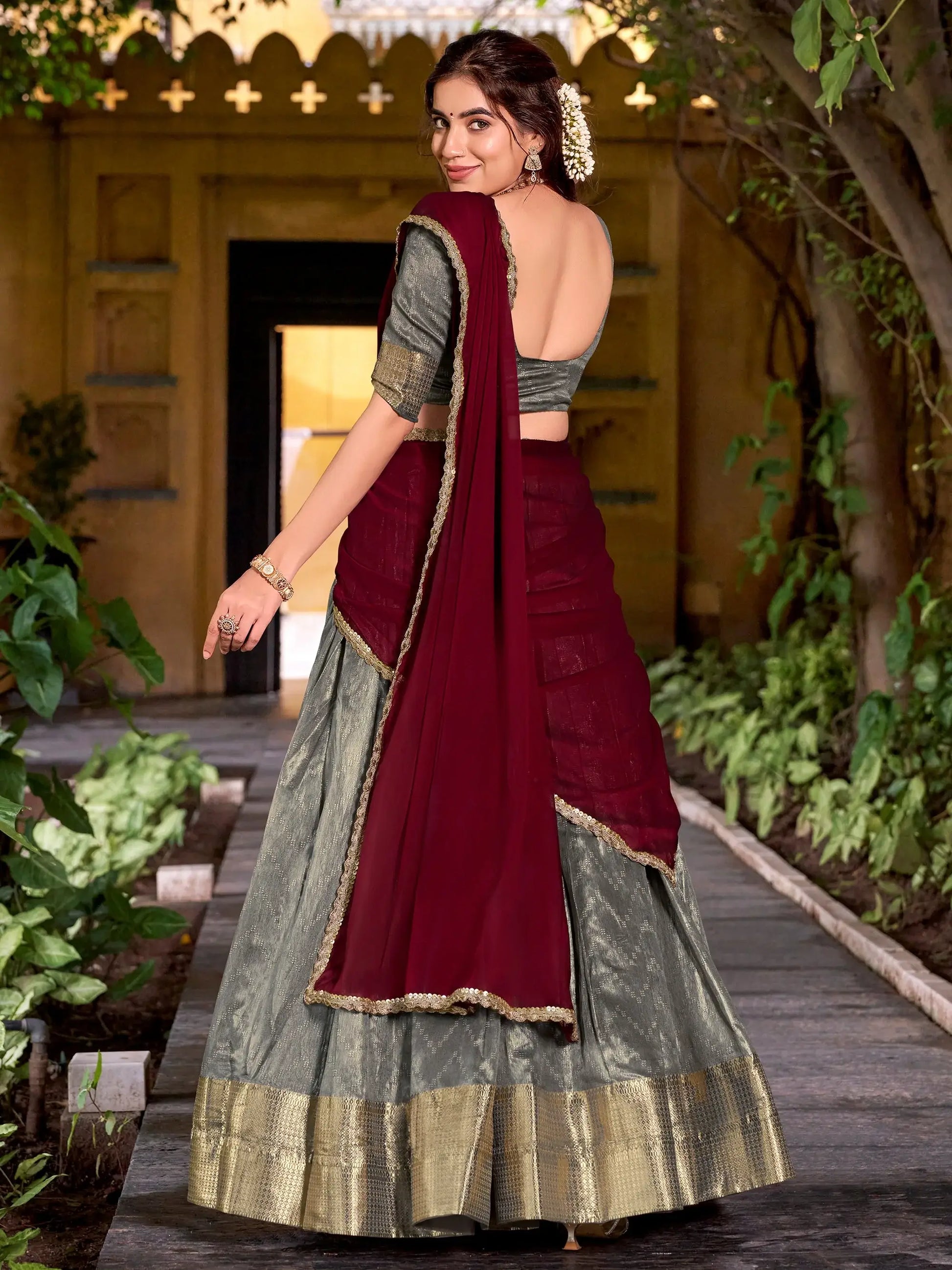 Lovely Grey Zari Weaving Work Silk Evening Wear Half Saree Lehenga