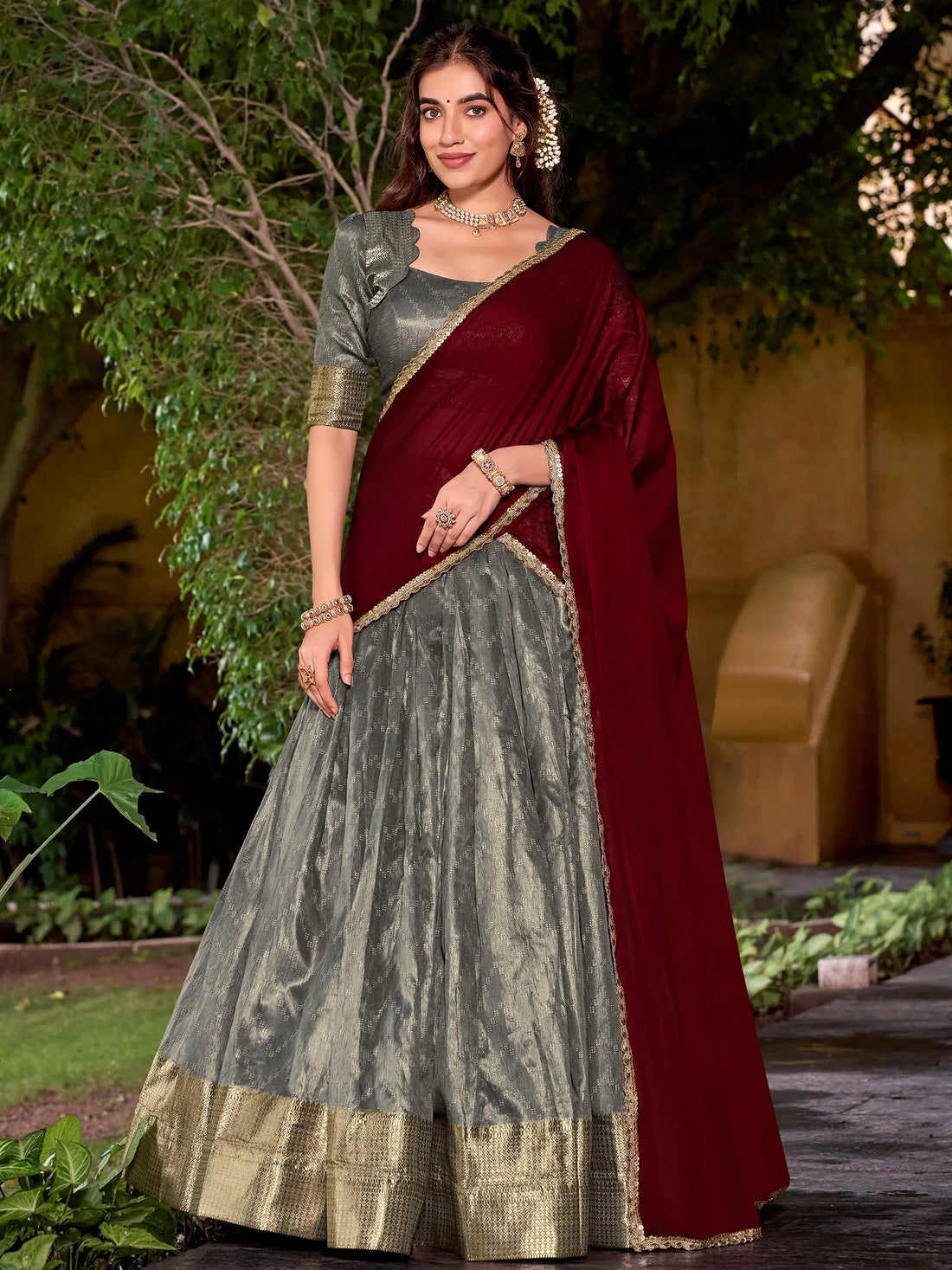 Lovely Grey Zari Weaving Work Silk Evening Wear Half Saree Lehenga