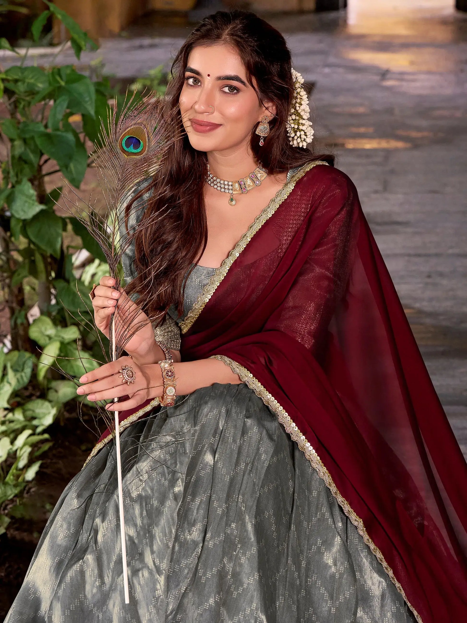 Lovely Grey Zari Weaving Work Silk Evening Wear Half Saree Lehenga