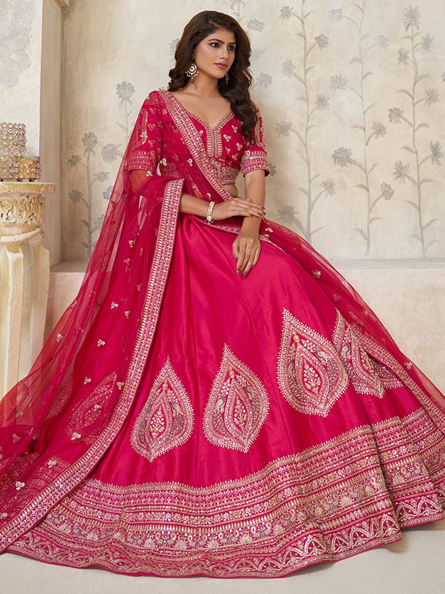 Superb Rani Pink Thread Work Silk Bridesmaid Lehenga Choli With Dupatta
