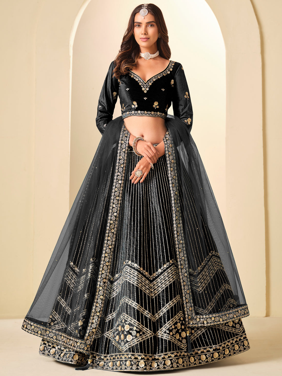 Dazzling Black Embroidered Velvet Wedding Wear Lehenga Choli With Dupatta