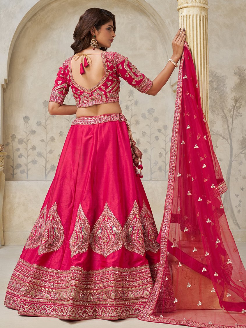 Superb Rani Pink Thread Work Silk Bridesmaid Lehenga Choli With Dupatta