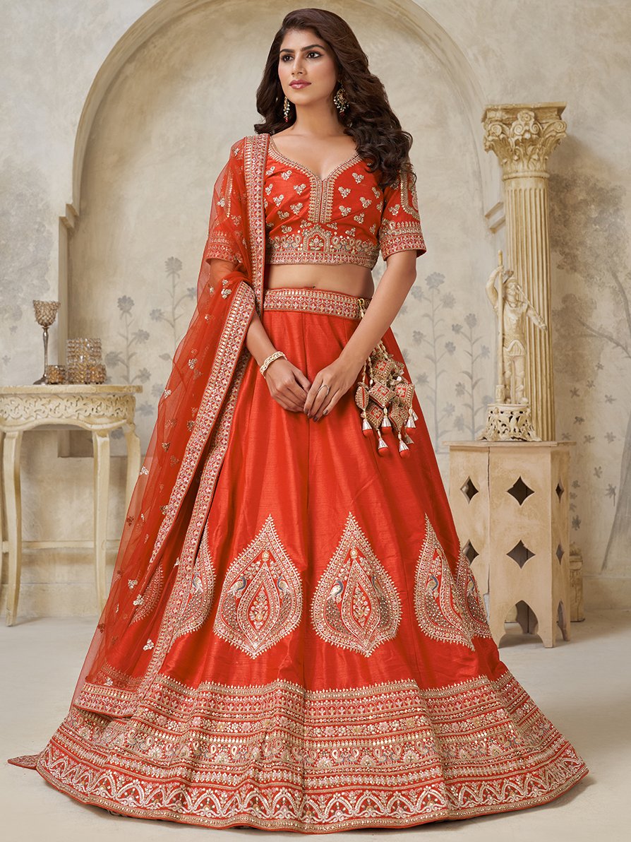 Fabulous Rust Orange Dori Work Silk Evening Wear Lehenga Choli With Dupatta