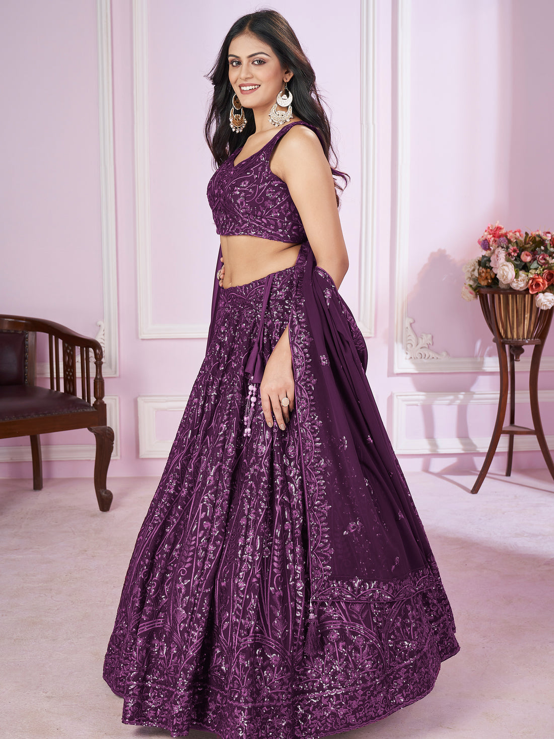 Beautiful Purple Sequins Georgette Wedding Lehenga Choli With Dupatta