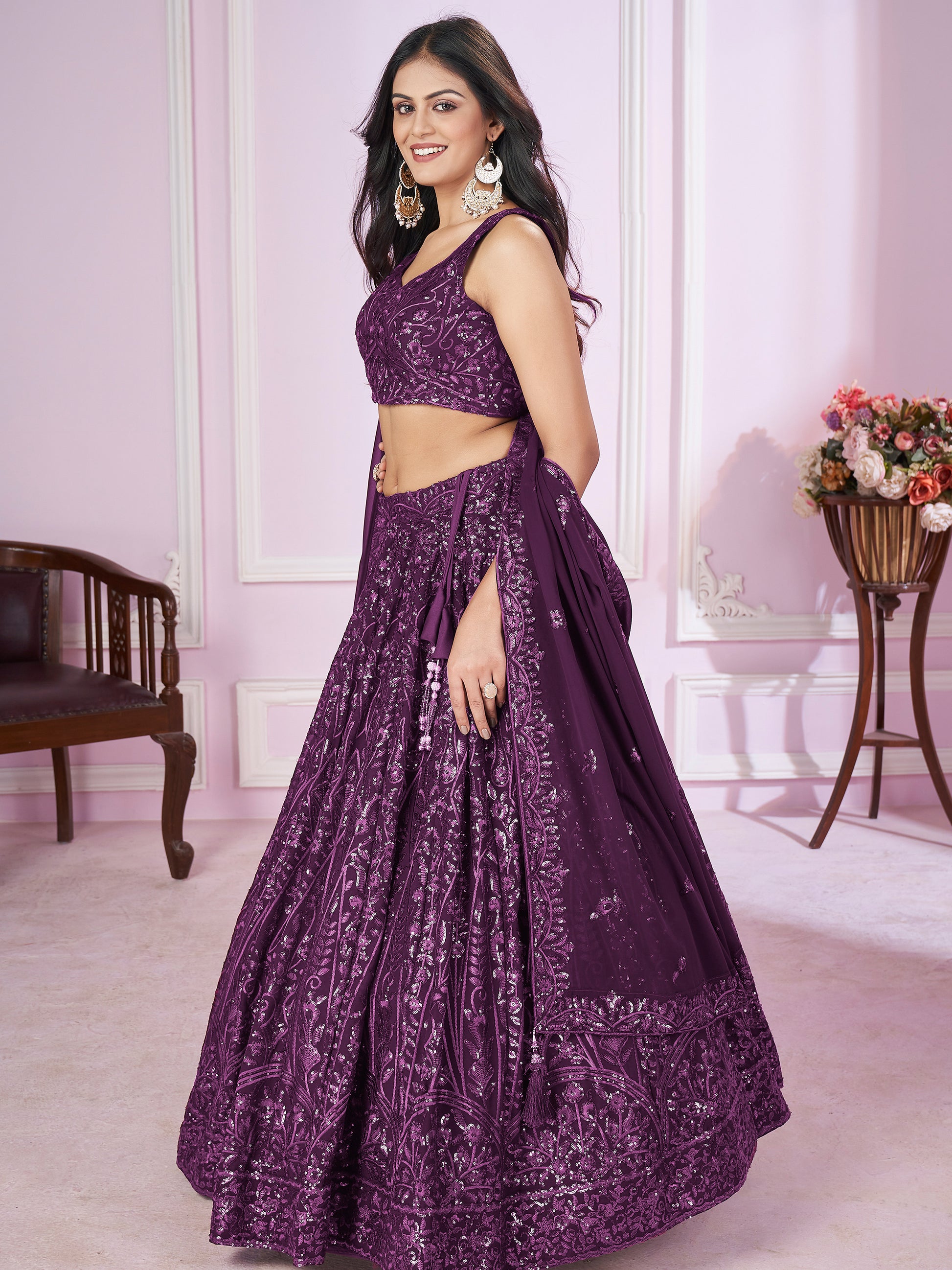 Beautiful Purple Sequins Georgette Wedding Lehenga Choli With Dupatta