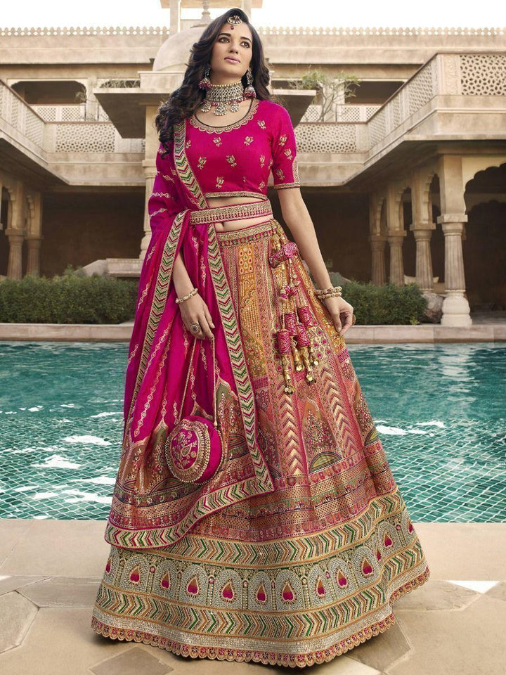 Magnific Orange-Pink Embroidered Banarasi Silk Bridal Lehenga Choli