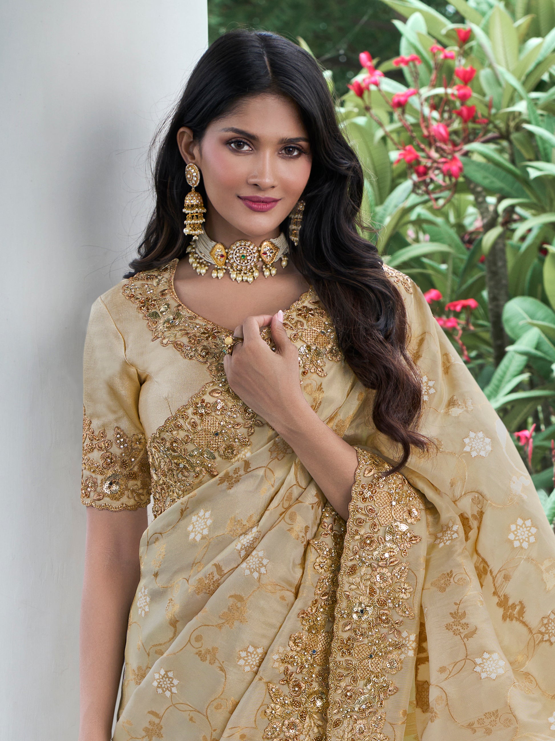 Amazing Cream Zari Woven Organza Silk Wedding Saree With Blouse