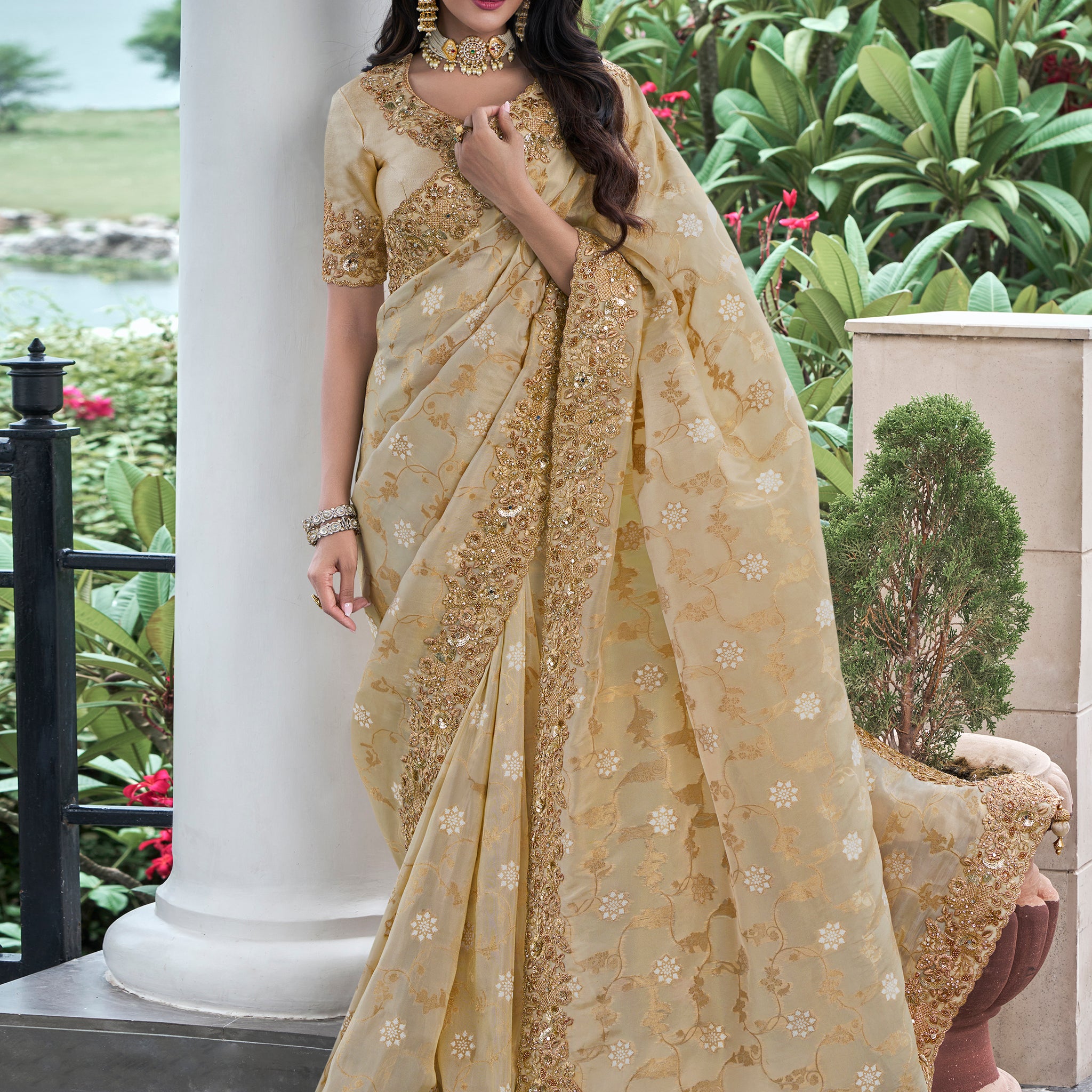 Amazing Cream Zari Woven Organza Silk Wedding Saree With Blouse