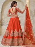 Fabulous Rust Orange Dori Work Silk Evening Wear Lehenga Choli With Dupatta