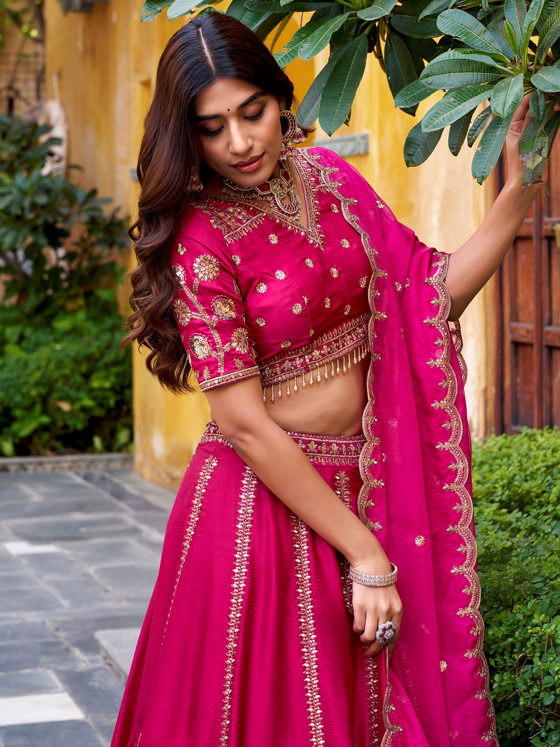Gorgeous Rani Pink Sequins Silk Wedding Lehenga Choli With Dupatta