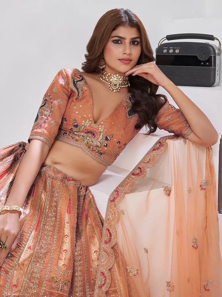 Elegant Rust Orange Embroidered Banarasi Silk Traditional Lehenga Choli