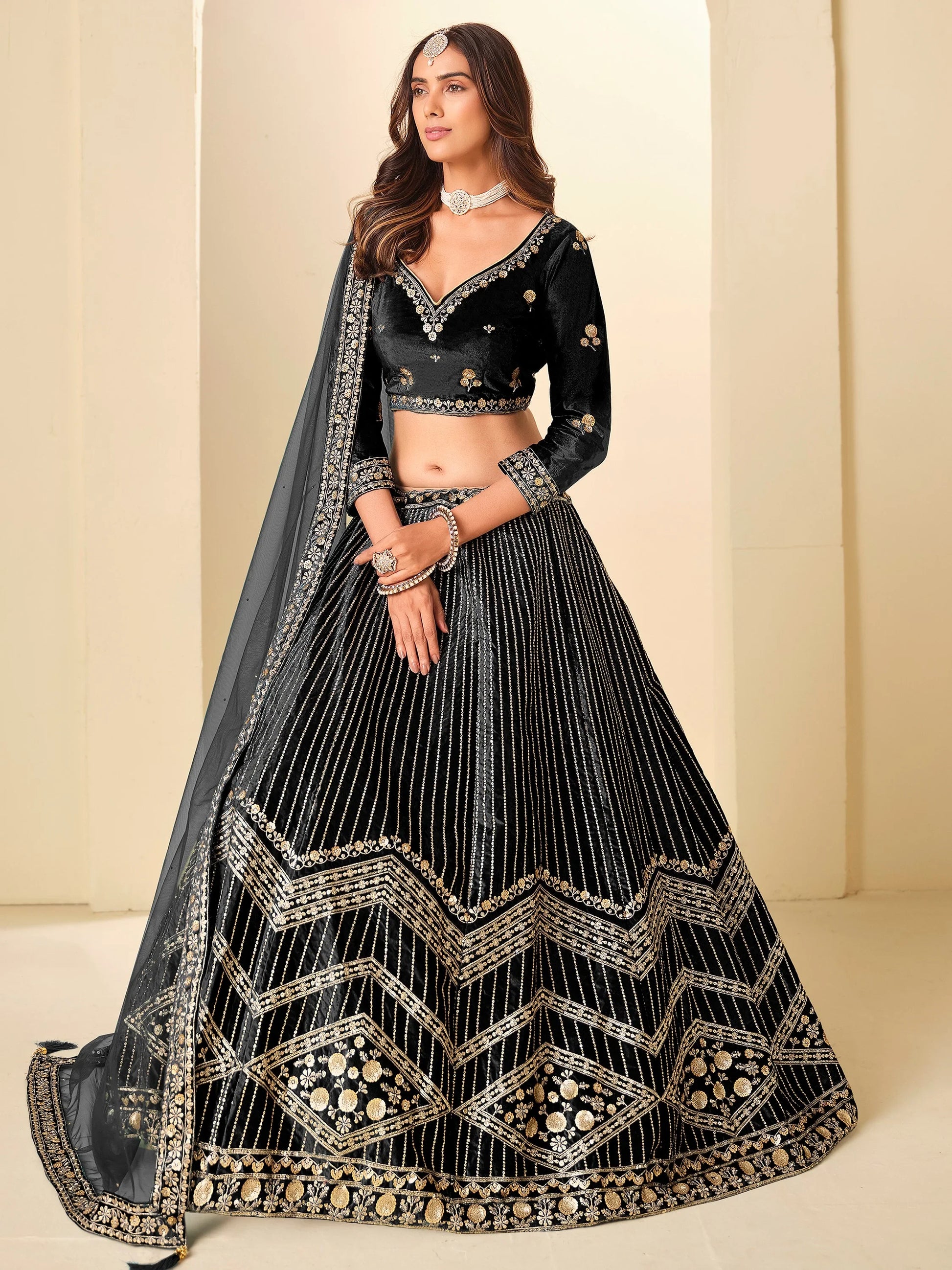 Dazzling Black Embroidered Velvet Wedding Wear Lehenga Choli With Dupatta