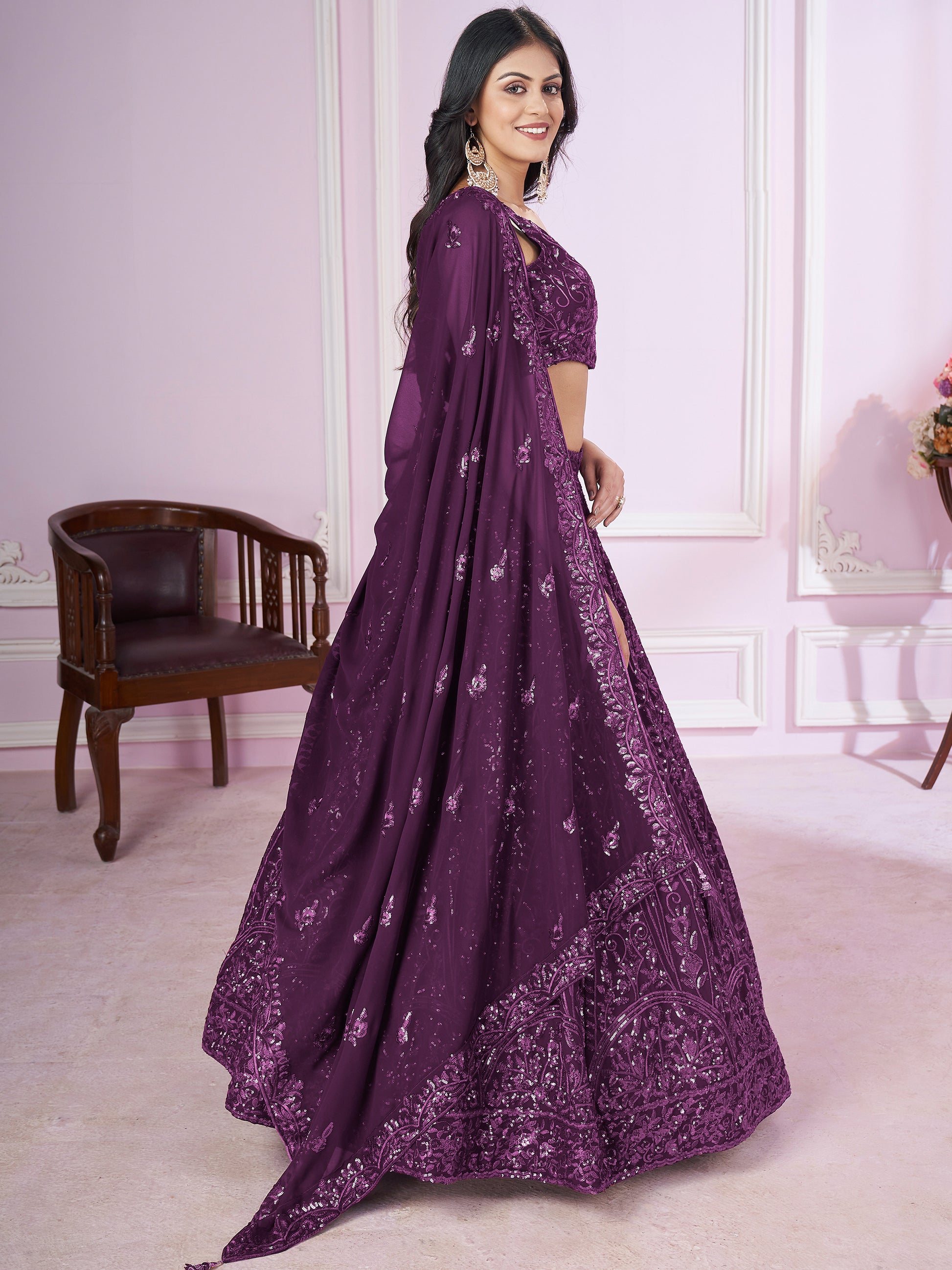 Beautiful Purple Sequins Georgette Wedding Lehenga Choli With Dupatta