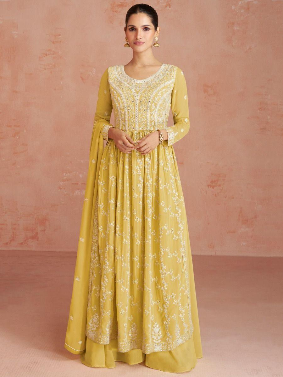 Appealing Yellow Embroidered Georgette Wedding Wear Palazzo Suit