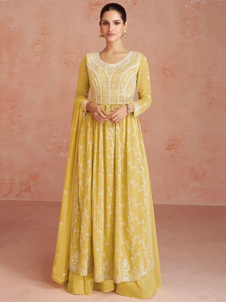 Appealing Yellow Embroidered Georgette Wedding Wear Palazzo Suit