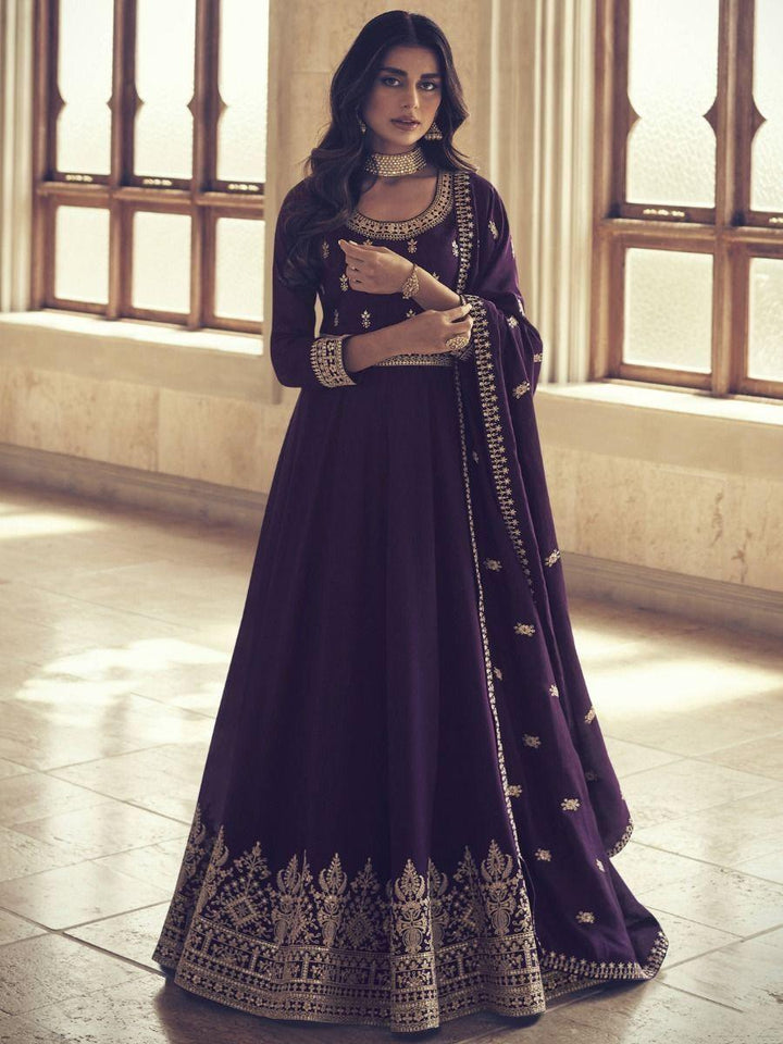 Awesome Purple Embroidered Silk Ready-Made Gown With Dupatta