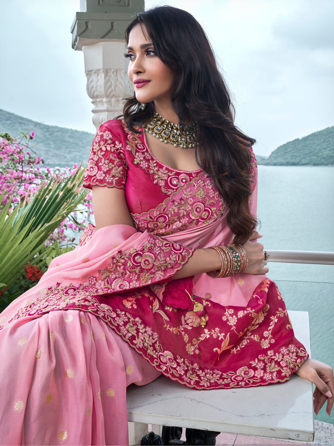 Dazzling Pink Zari Weaving Organza Engagement Wear Saree With Blouse