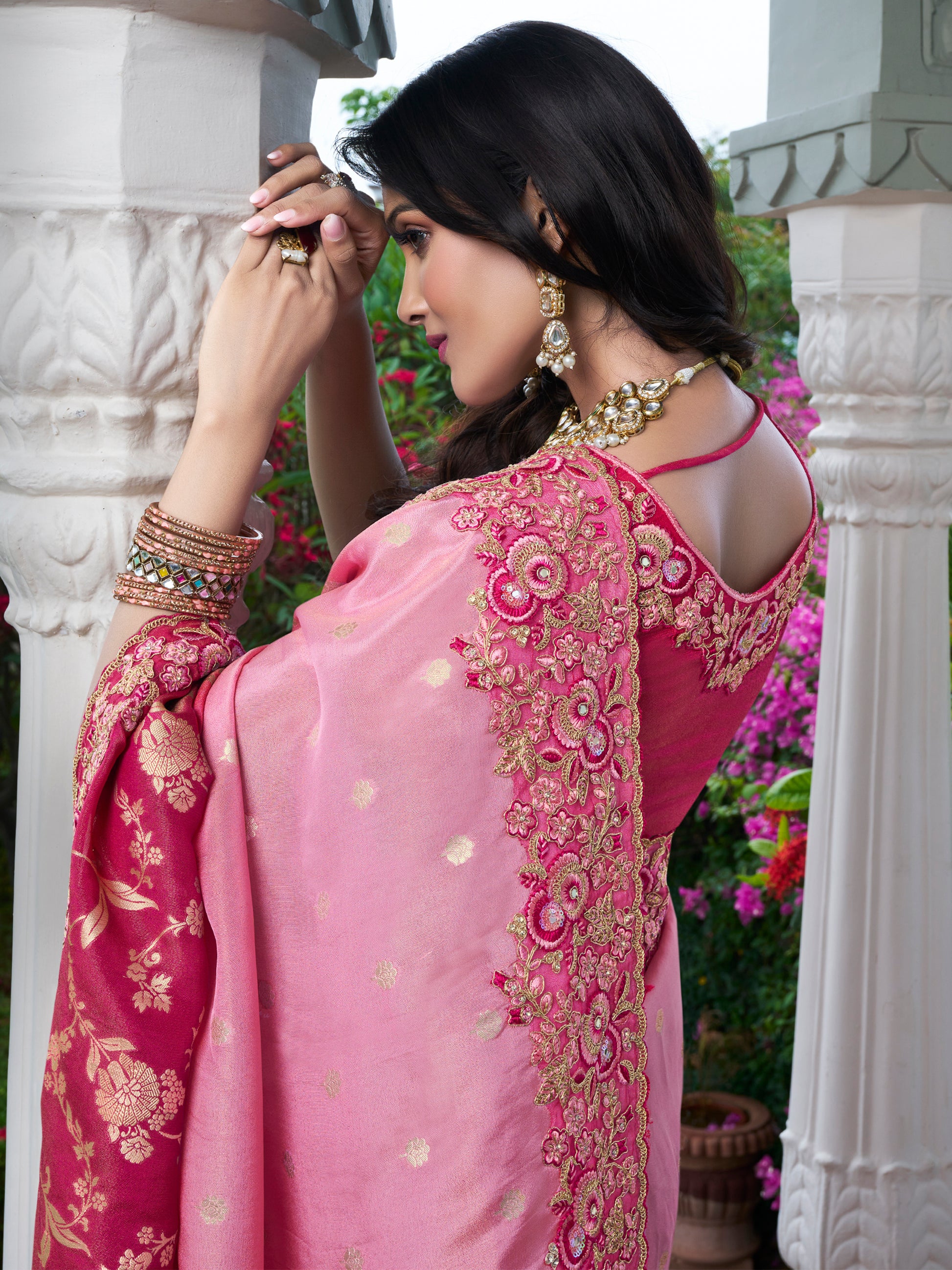 Dazzling Pink Zari Weaving Organza Engagement Wear Saree With Blouse