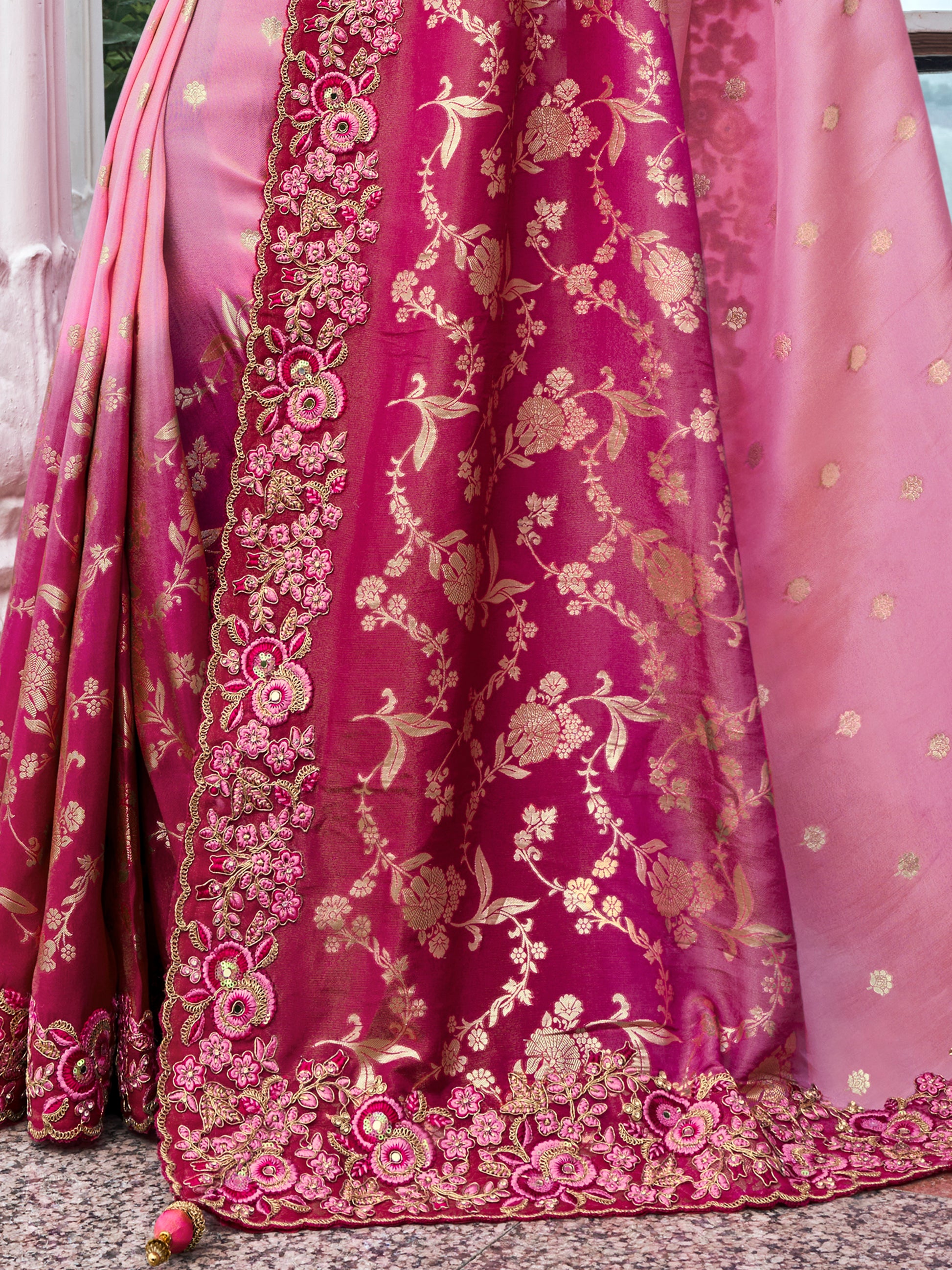Dazzling Pink Zari Weaving Organza Engagement Wear Saree With Blouse