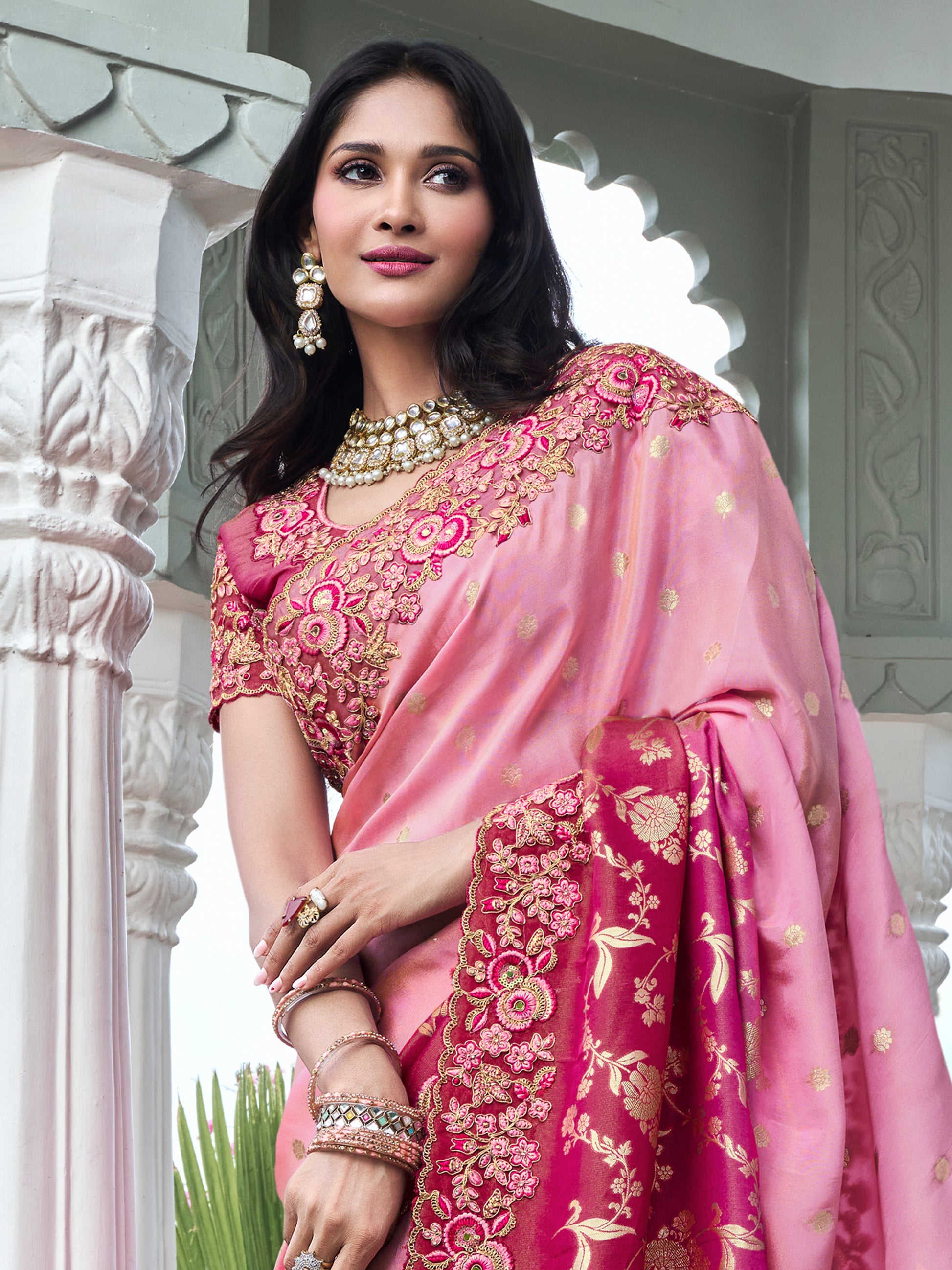 Dazzling Pink Zari Weaving Organza Engagement Wear Saree With Blouse