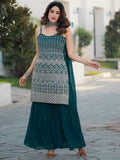 Spectacular Teal Blue Sequins Georgette Festive Wear Sharara Suit With Dupatta