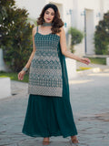 Spectacular Teal Blue Sequins Georgette Festive Wear Sharara Suit With Dupatta
