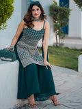 Spectacular Teal Blue Sequins Georgette Festive Wear Sharara Suit With Dupatta