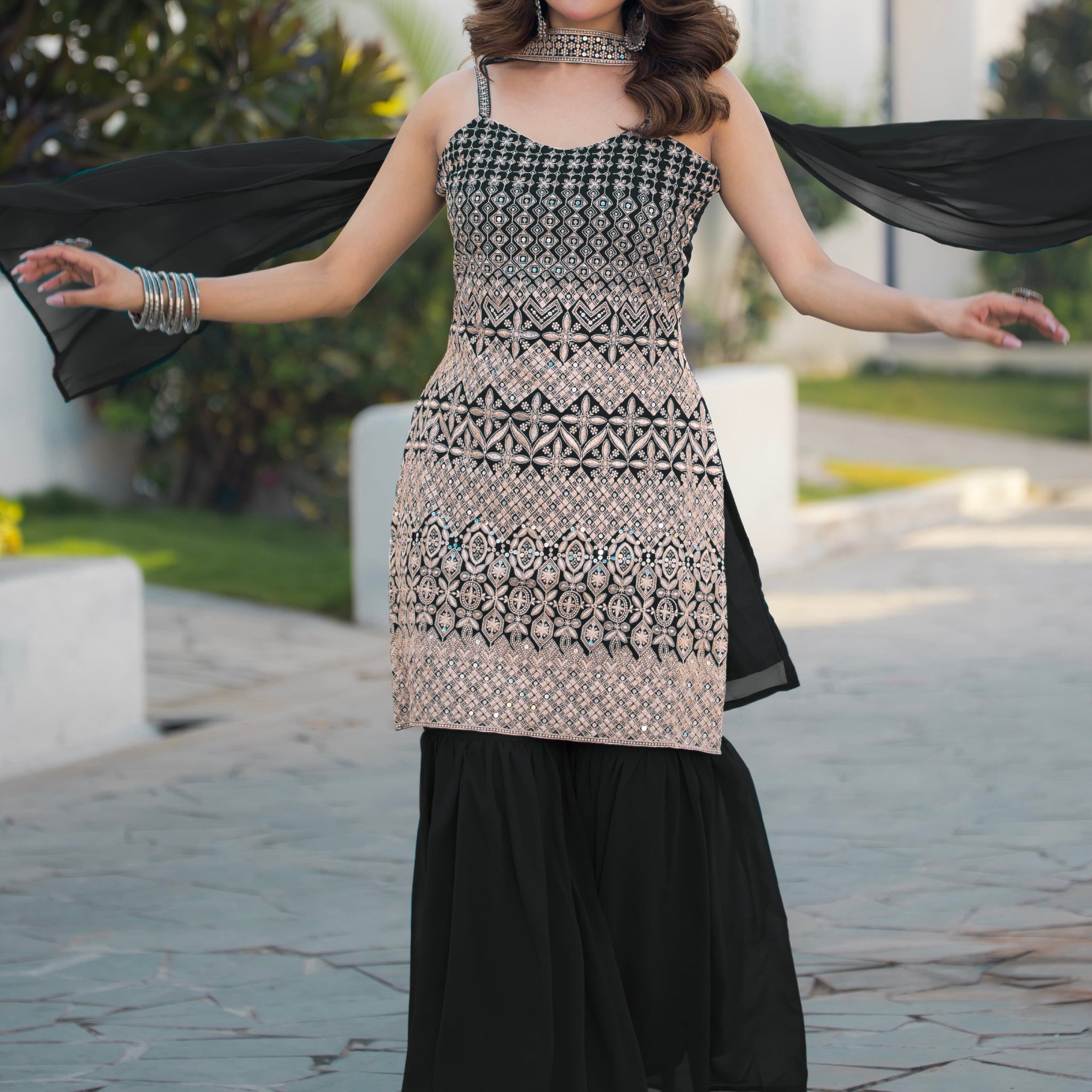 Marvelous Black Thread Embroidered Georgette Sharara Suit With Dupatta