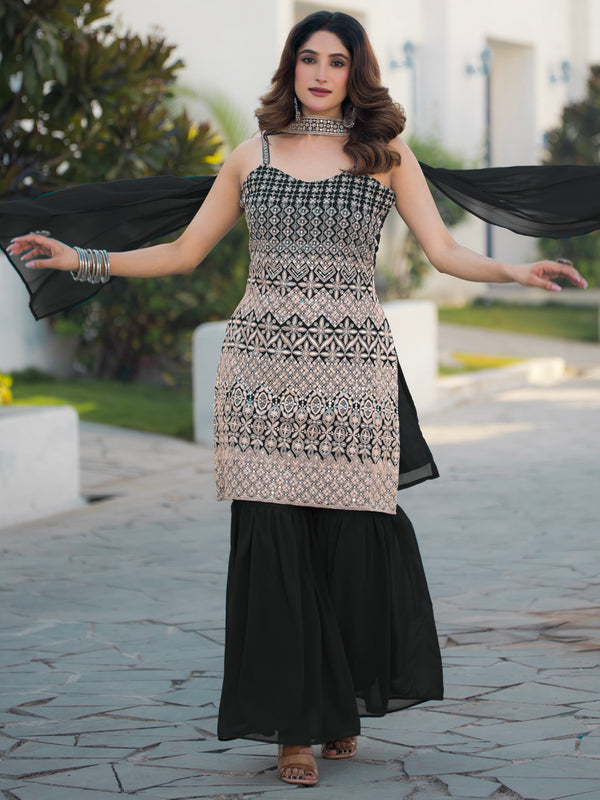 Marvelous Black Thread Embroidered Georgette Sharara Suit With Dupatta
