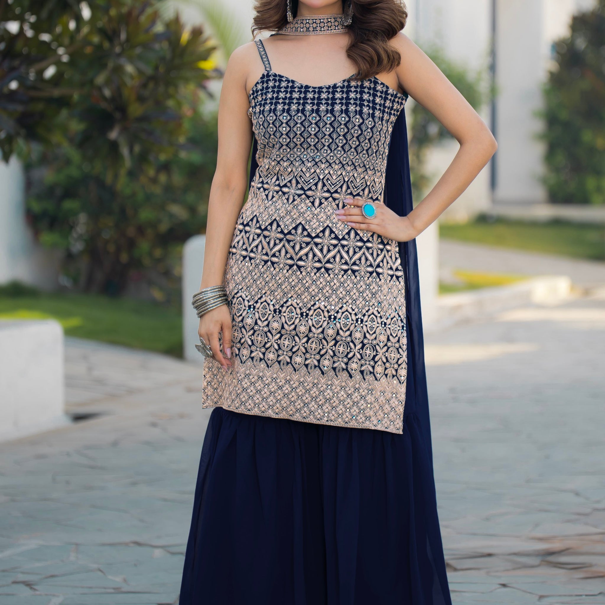 Amazing Navy Blue Embroidered Georgette Event Wear Sharara Suit