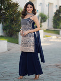 Amazing Navy Blue Embroidered Georgette Event Wear Sharara Suit
