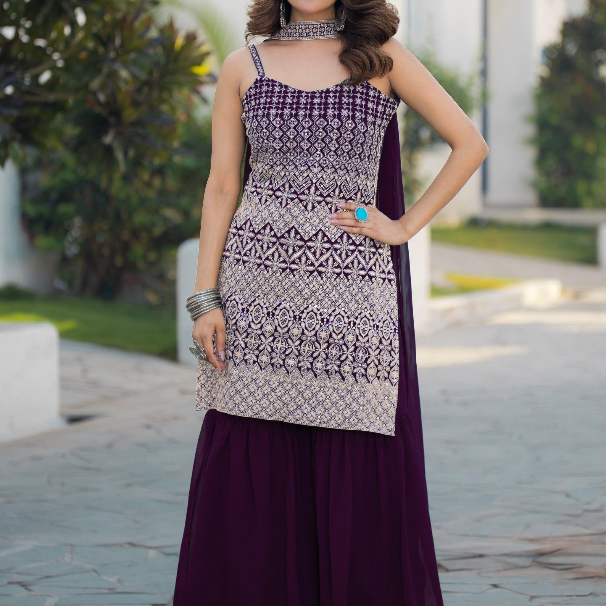 Precious Purple Sequins Work Georgette Festive Wear Sharara Suit