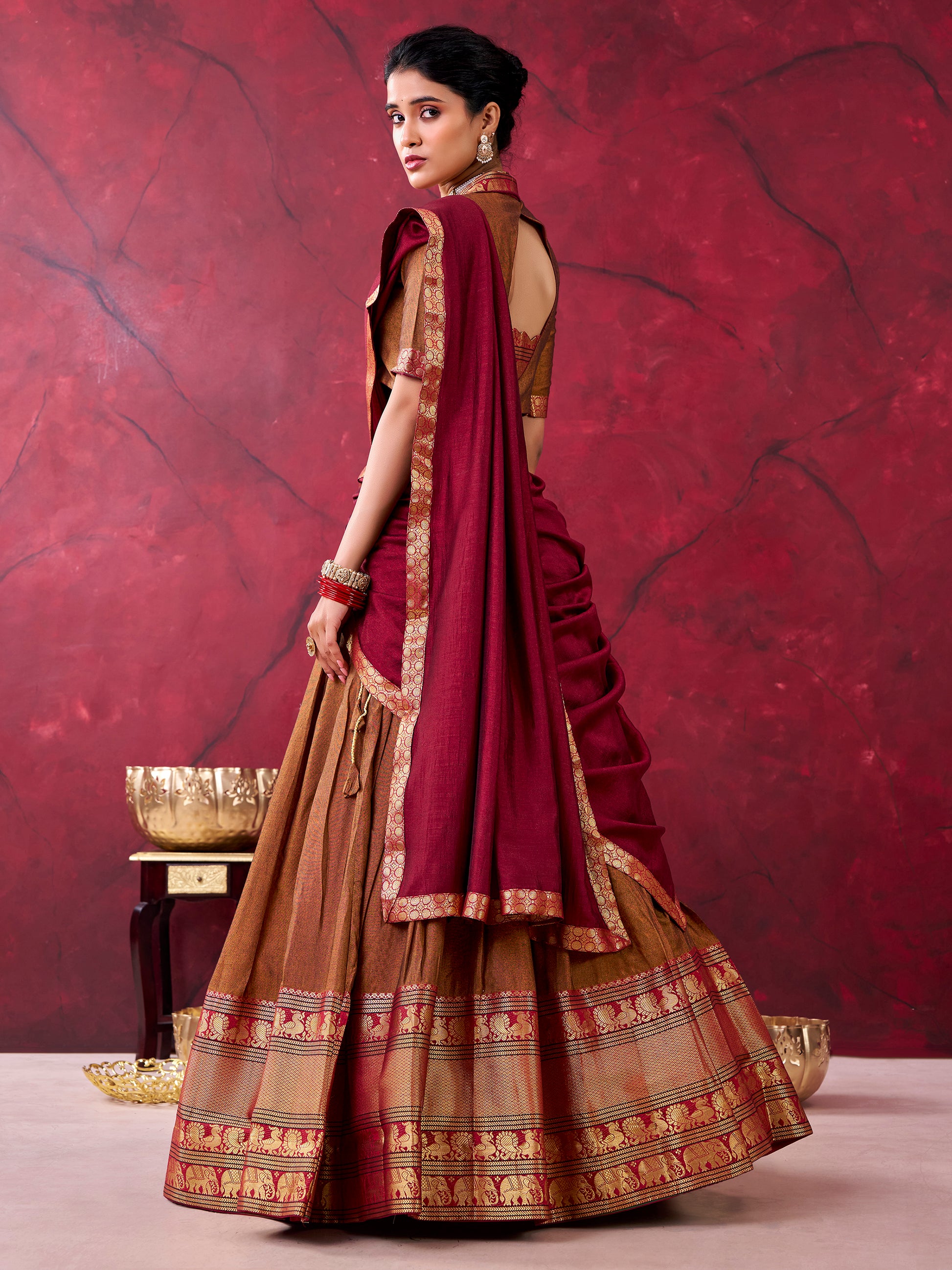 Marvelous Brown Zari Weaving Cotton Festival Wear Half Saree Lehenga