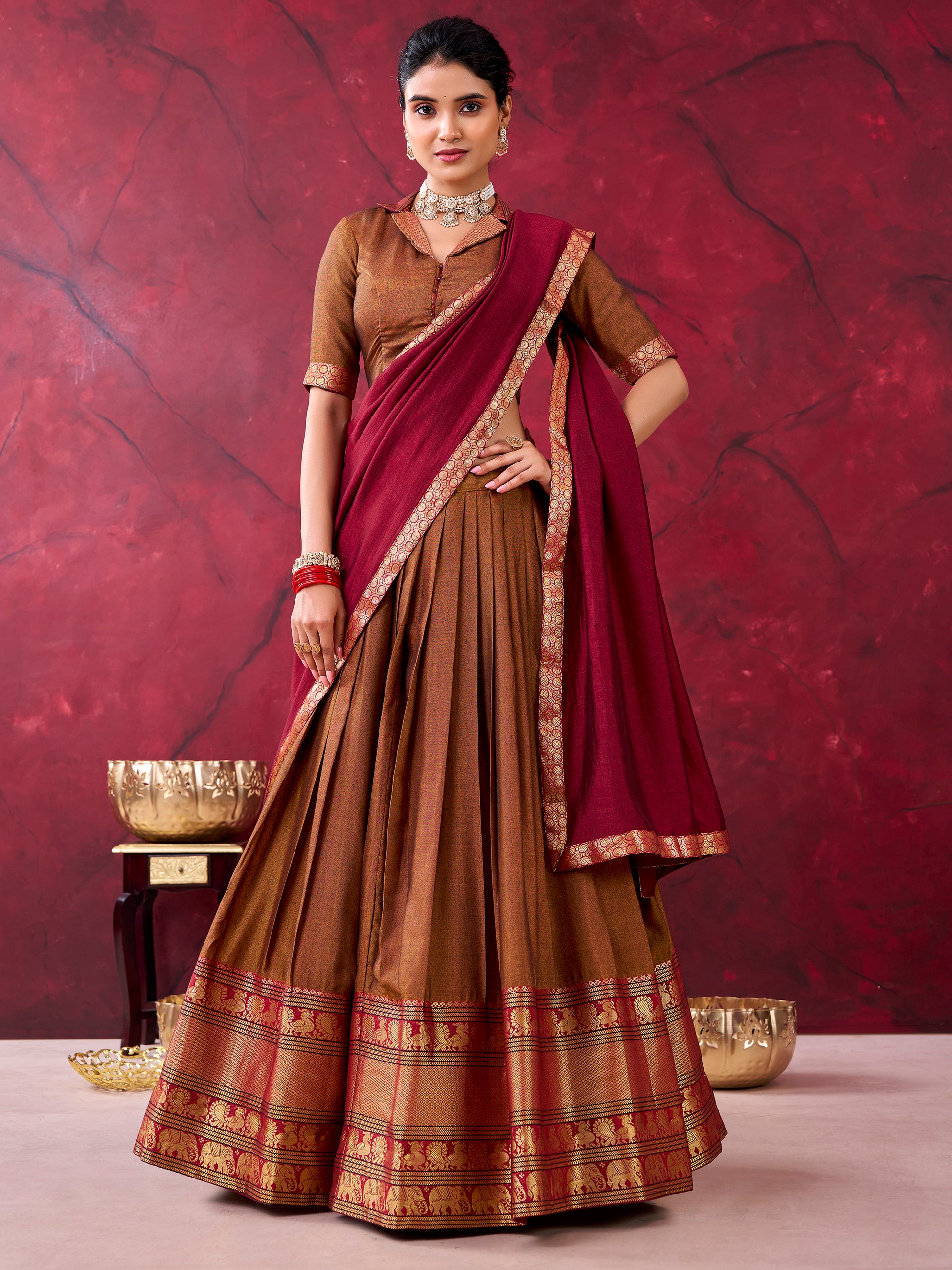 Marvelous Brown Zari Weaving Cotton Festival Wear Half Saree Lehenga